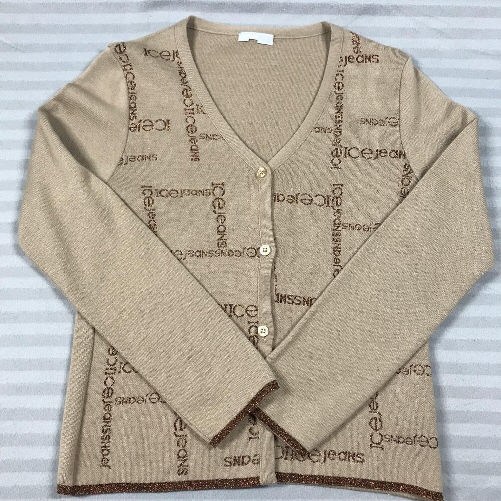 Iceberg Ice Jeans Cardigan Sweater Womens Small Beige Logo Monogram Made Italy